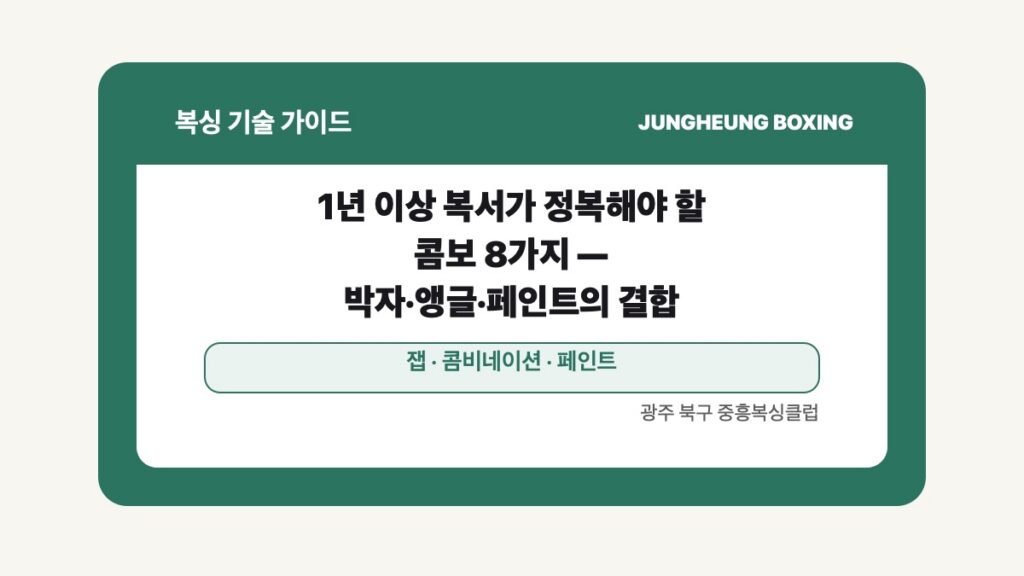 광주 북구 중흥복싱 기술 글 대표 이미지 - 1년 이상 복서가 정복해야 할 콤보 8가지 — 박자·앵글·페인트의 결합 수업 안내